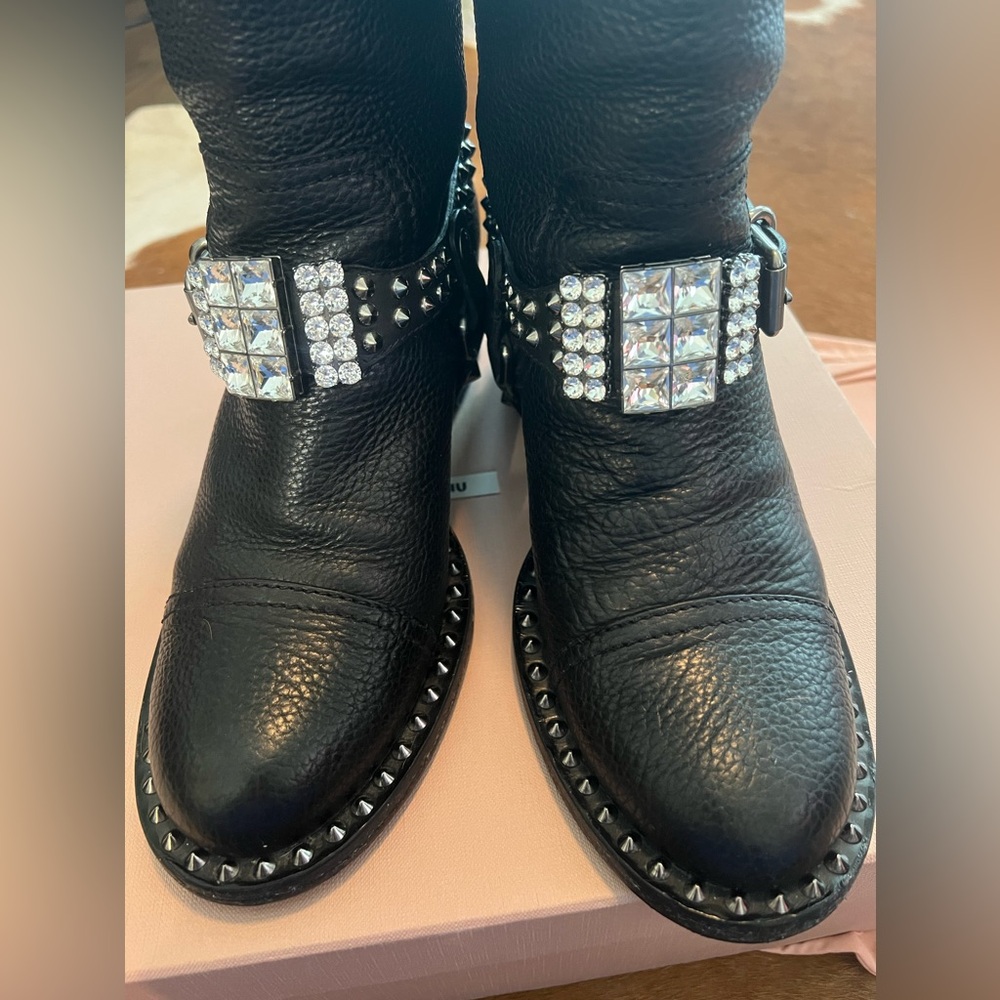 $1200 Miu Miu by Prada black Leather Biker boots bling rhinestone harness box
